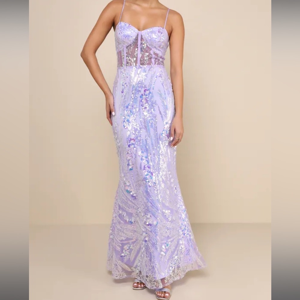 Lulu “Perfection Seeker Lavender Iridescent Sequin Bustier Maxi Dress”